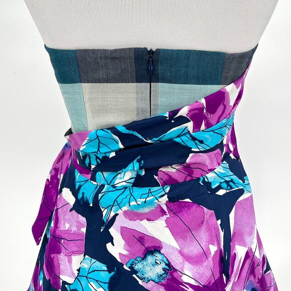 NANETTE LEPORE Floral Strapless Bustier top Womens 2 Purple Blue Silk Plaid Wrap - Picture 5 of 9